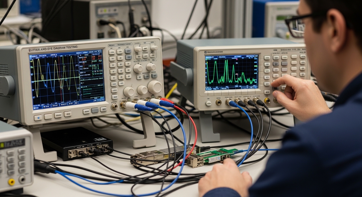 Documentary-style photo of transceiver signal integrity test, Jitter and Eye Diagram Testing for High-Speed Transceivers, nat
