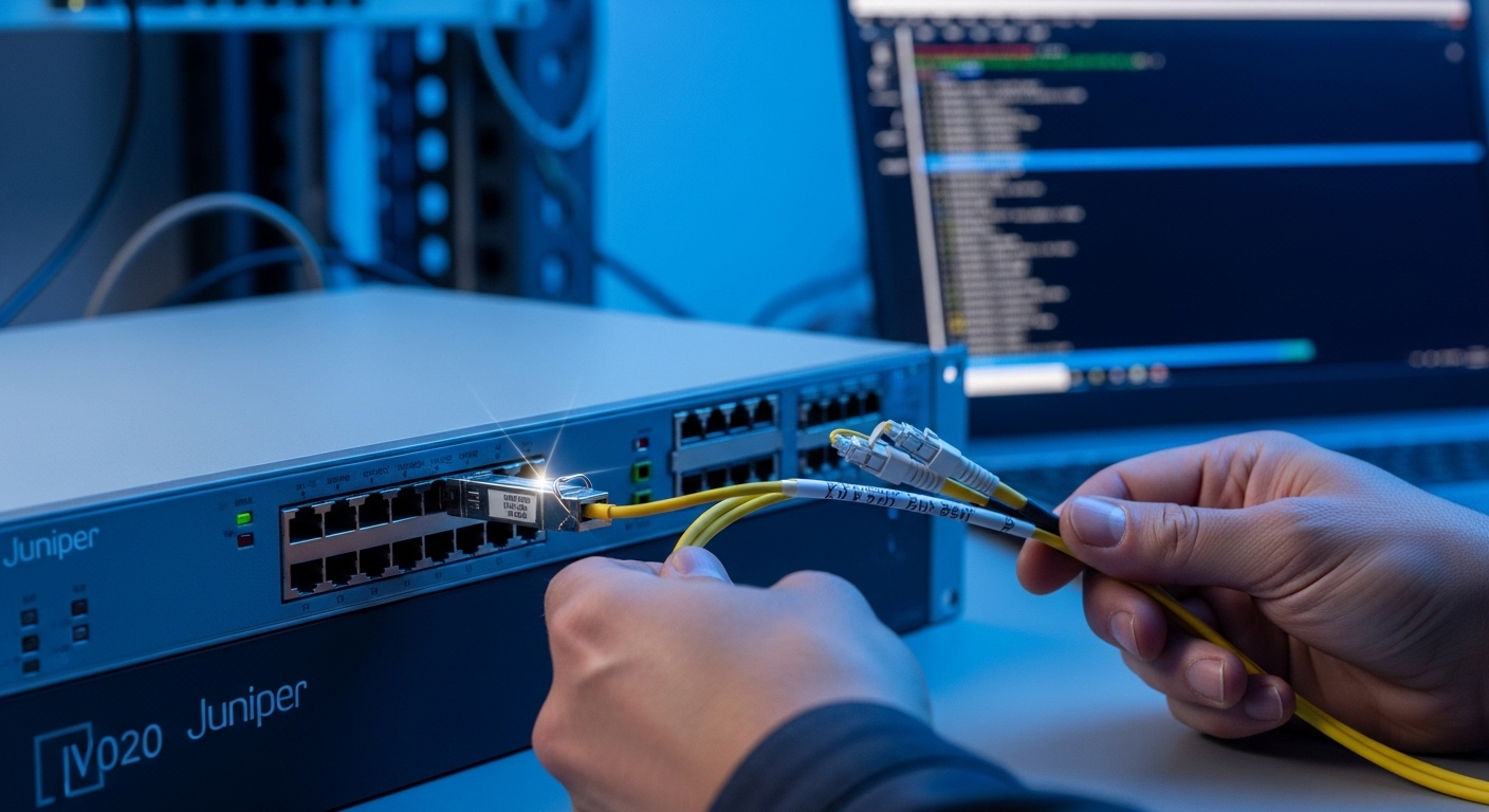 A high-resolution photography scene of a network operations bench: a Juniper switch chassis with one SFP transceiver partiall