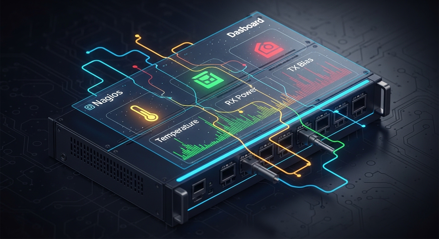 Concept art style illustration of a Nagios dashboard screen overlaying a fiber switch chassis; glowing status icons for tempe