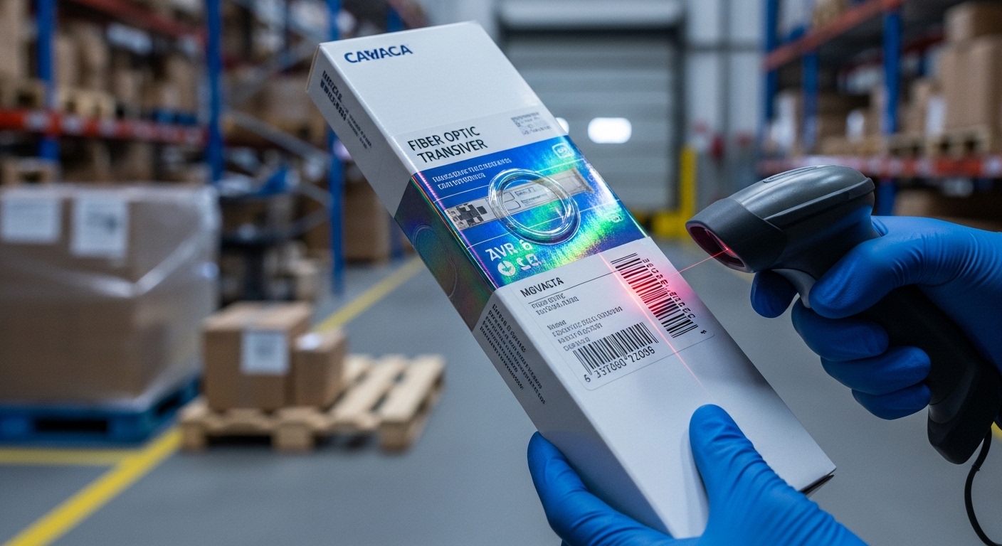 Photorealistic close-up of a sealed fiber optic transceiver retail box with hologram seal, warehouse receiving dock backgroun