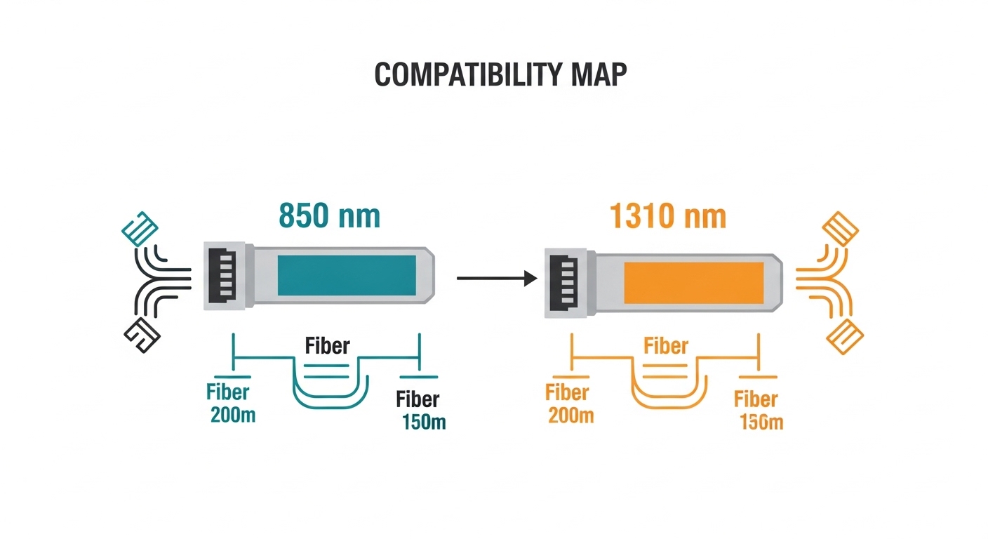 Clean vector illustration showing a fiber link “compatibility map”: two transceiver icons labeled 850 nm and 1310 nm with a r