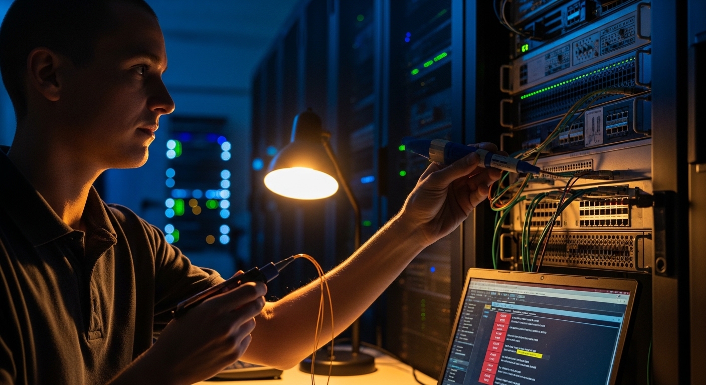 Photorealistic lifestyle scene of a night-shift network engineer in a dim server room holding a fiber cleaning kit and inspec