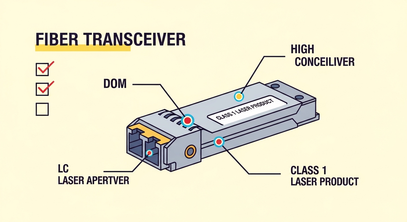 Illustration in clean vector style showing a checklist overlay on a fiber transceiver module, arrows pointing to DOM label ar