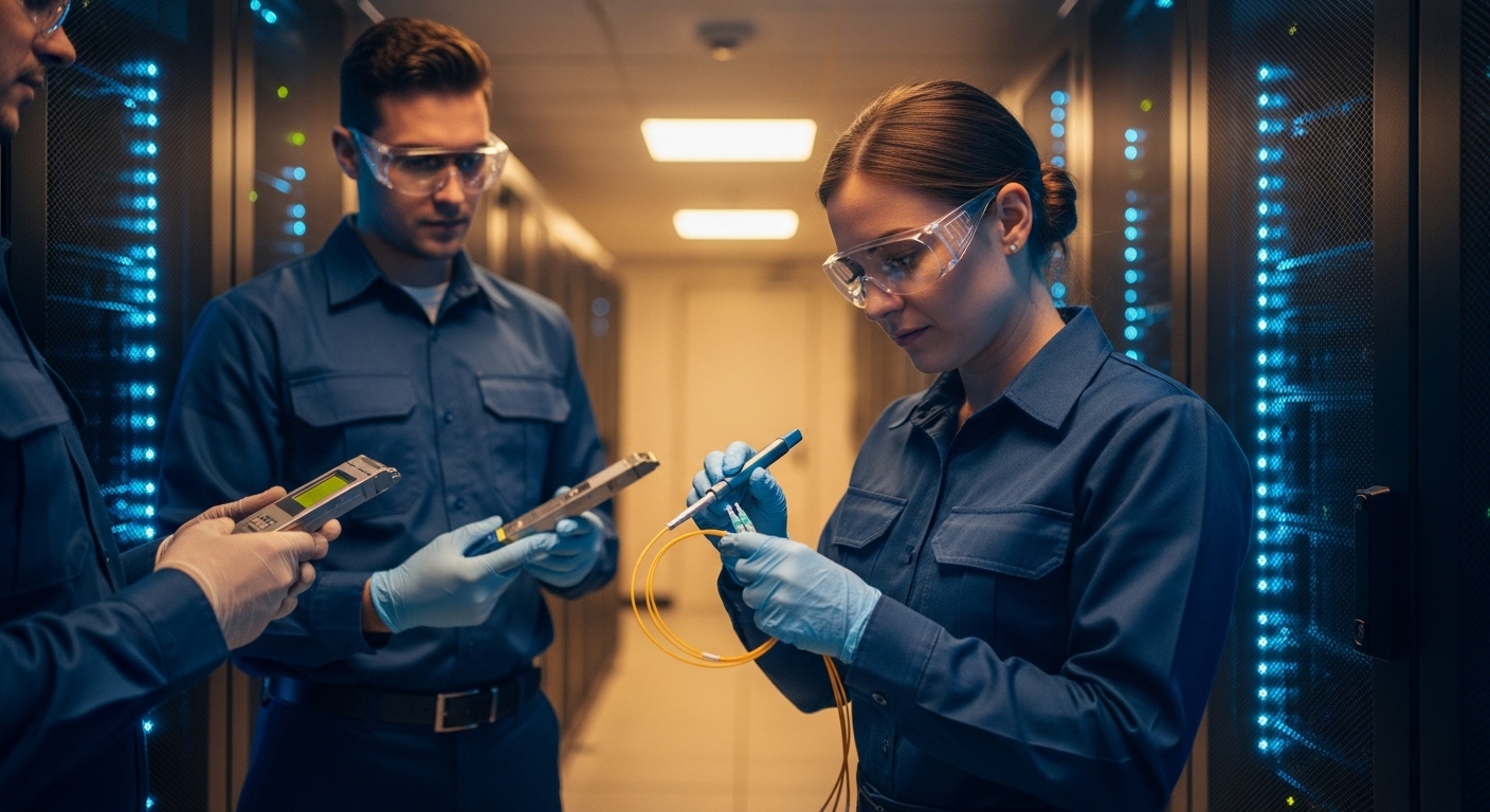 Lifestyle scene in a server room hallway: a technician wearing PPE gently cleaning LC fiber connectors with a cleaning tool w