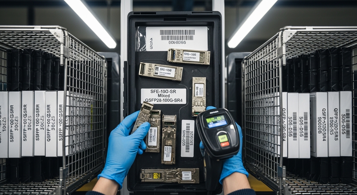 Top-down product photography in a warehouse receiving bay; a gloved technician places labeled anti-static bags of mixed optic