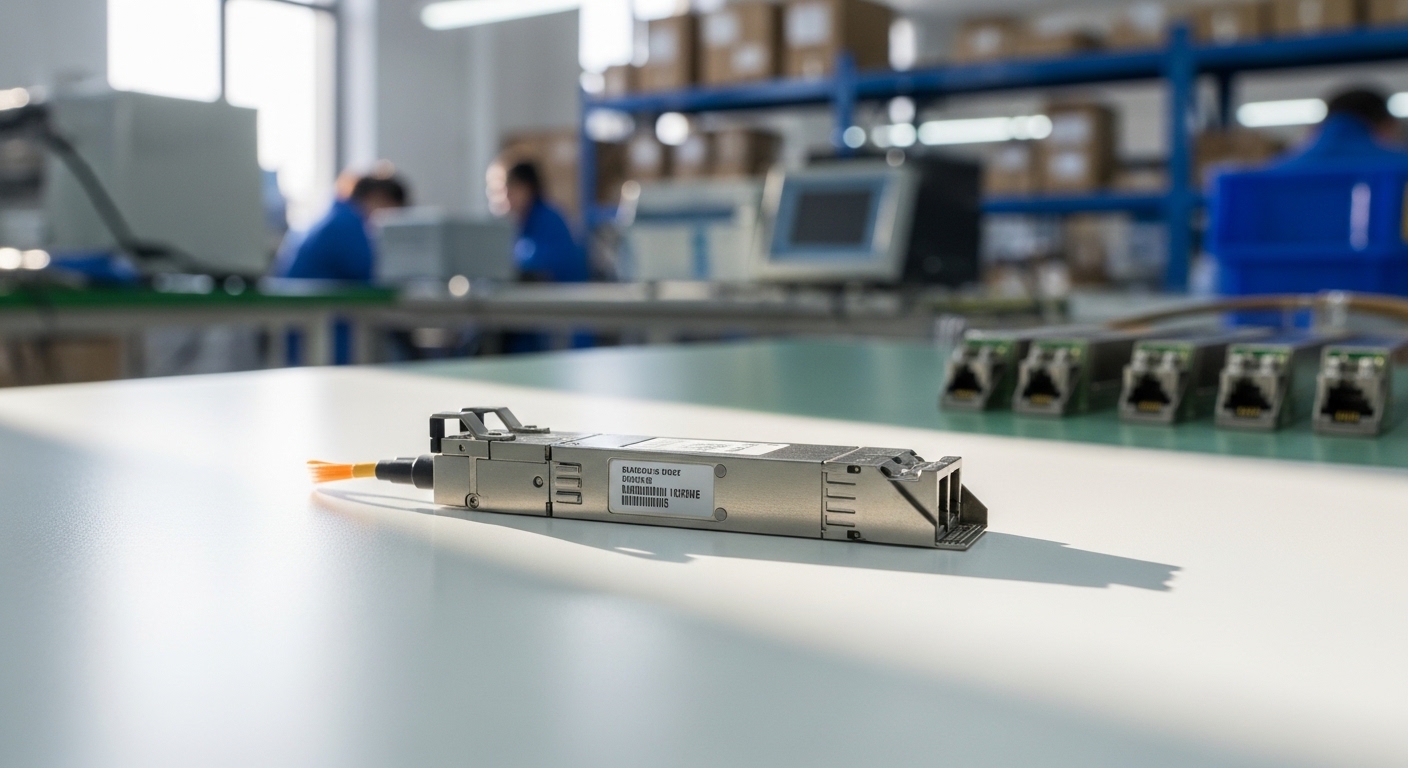 Documentary-style photo of authentic fiber module, Optical Transceiver Supply Chain: Avoiding Counterfeit Modules, natural li