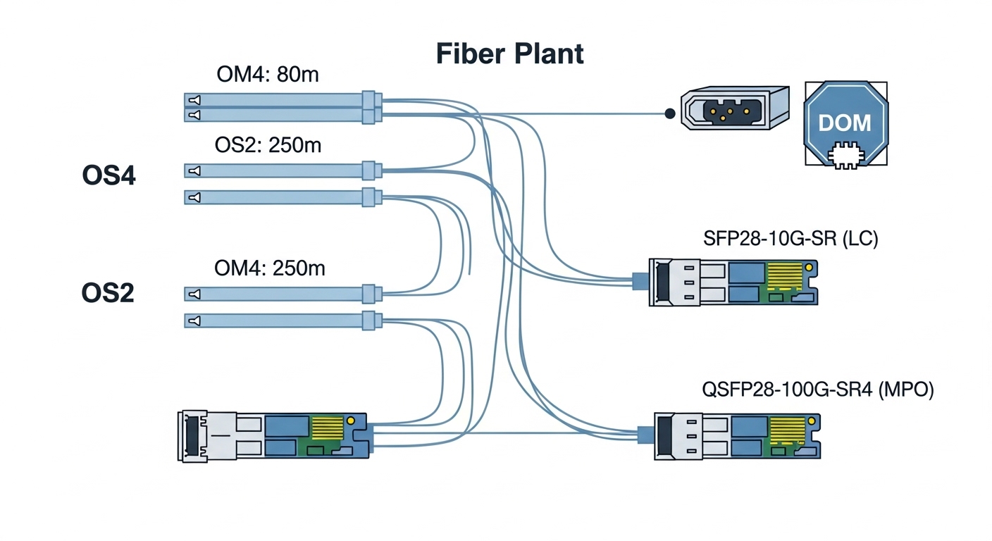 Clean engineering illustration, flat vector style; a fiber plant diagram showing OM4 and OS2 trunks labeled with link lengths