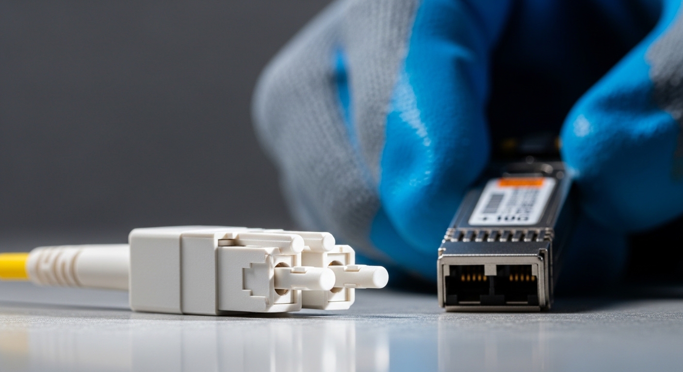 Macro photography of an LC fiber connector endface on a workbench, with a gloved technician holding a small 10G SFP+ transcei
