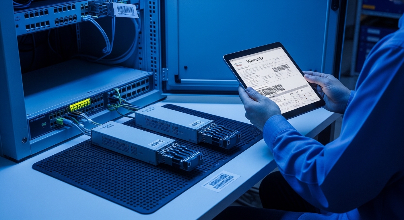 A realistic product photography scene inside a network operations center, showing an open rack with a Cisco-like switch and t