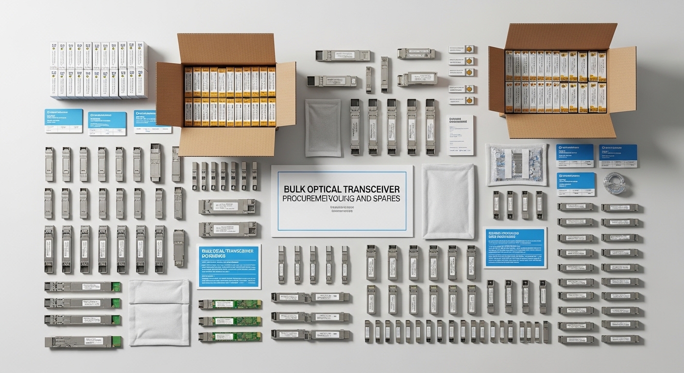 Overhead flat-lay composition of transceiver inventory, Bulk Optical Transceiver Procurement: Volume Pricing and Spares, styl