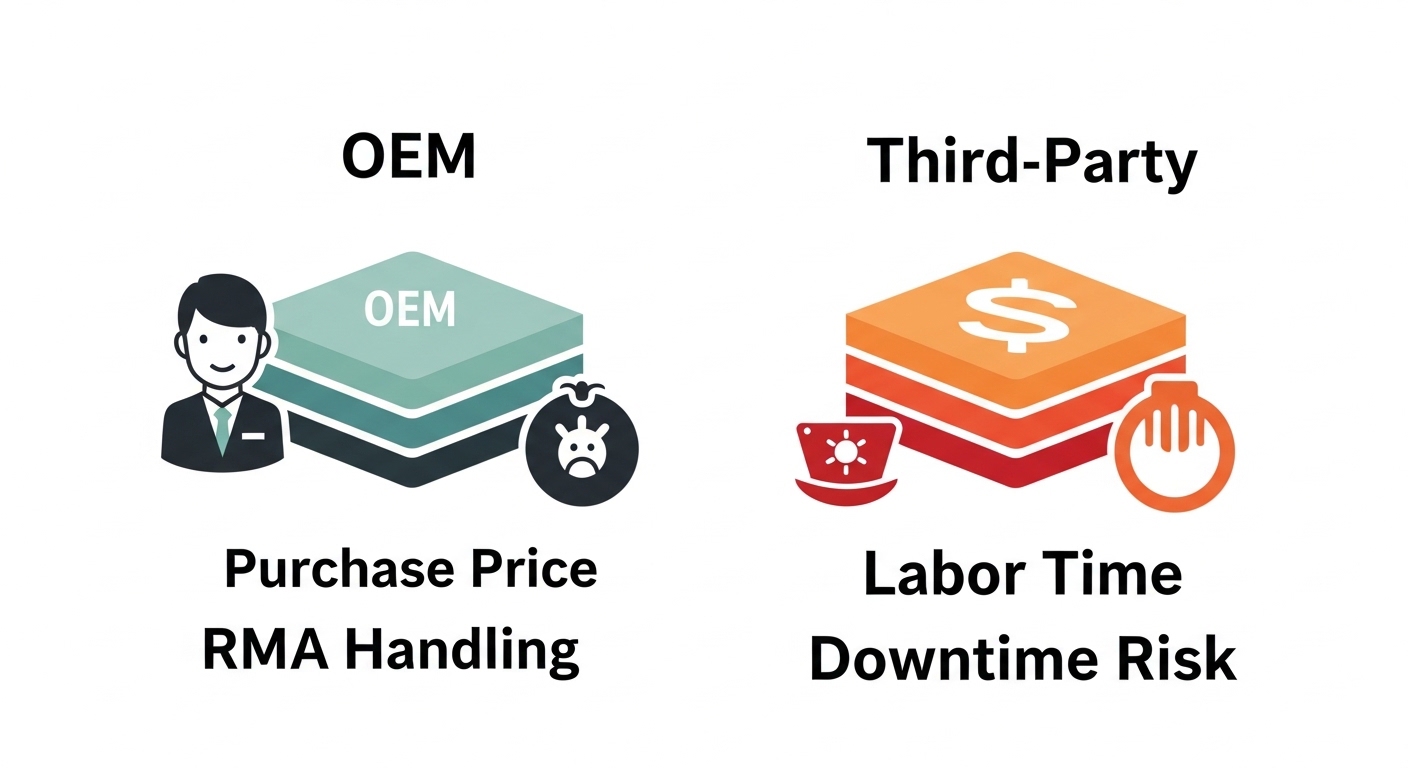 Clean vector illustration comparing two cost stacks labeled OEM and Third-Party, with icons for purchase price, RMA handling,