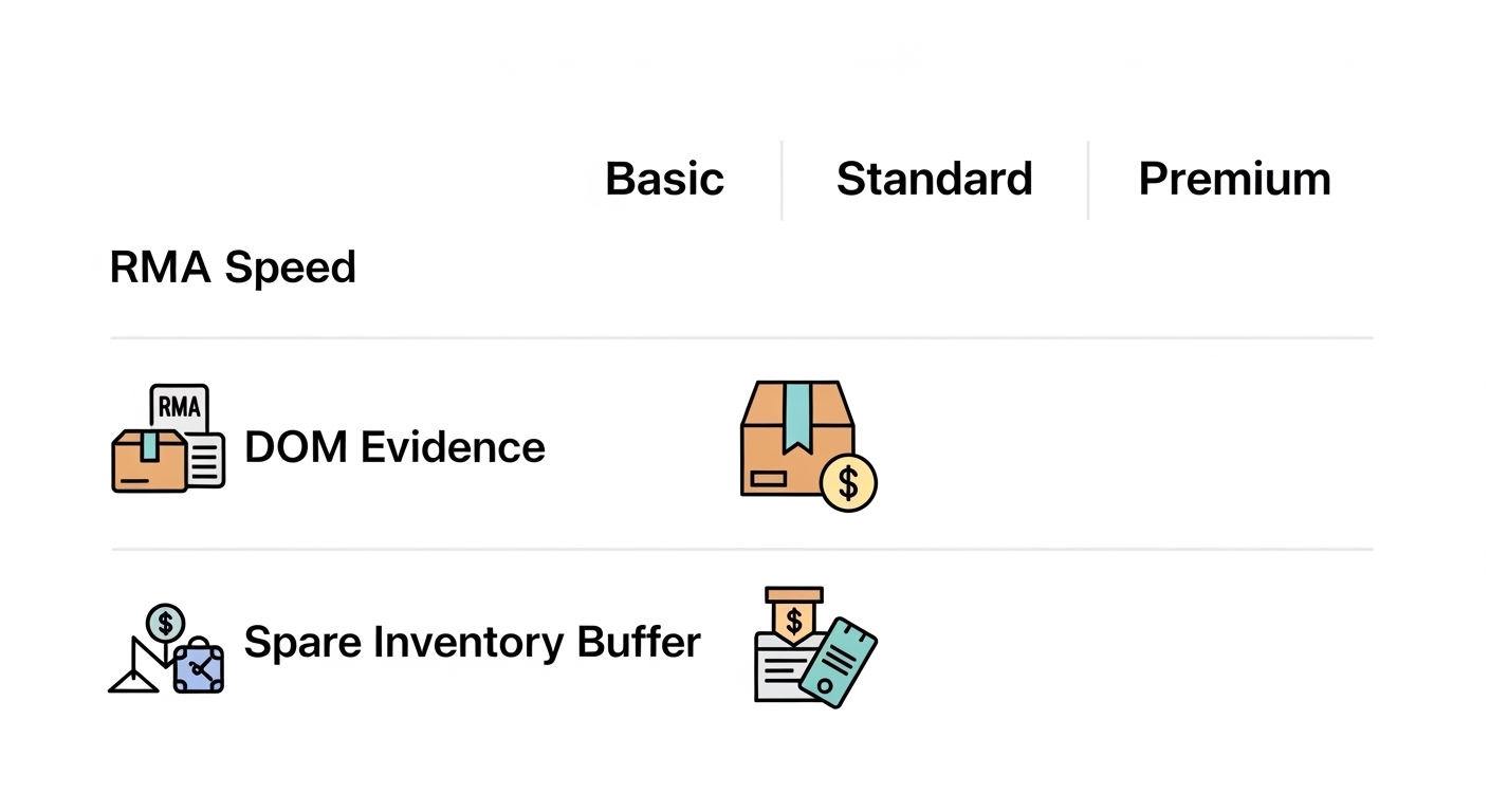 Clean vector illustration comparing three warranty tiers, with icons for RMA speed, DOM evidence, and spare inventory buffer,
