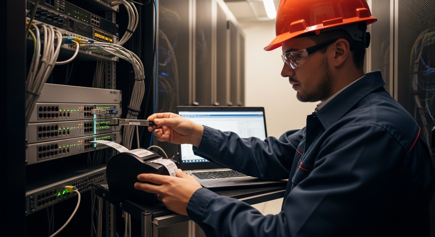 Photorealistic lifestyle scene in a server room, showing a field engineer in a hard hat using a label printer and laptop whil