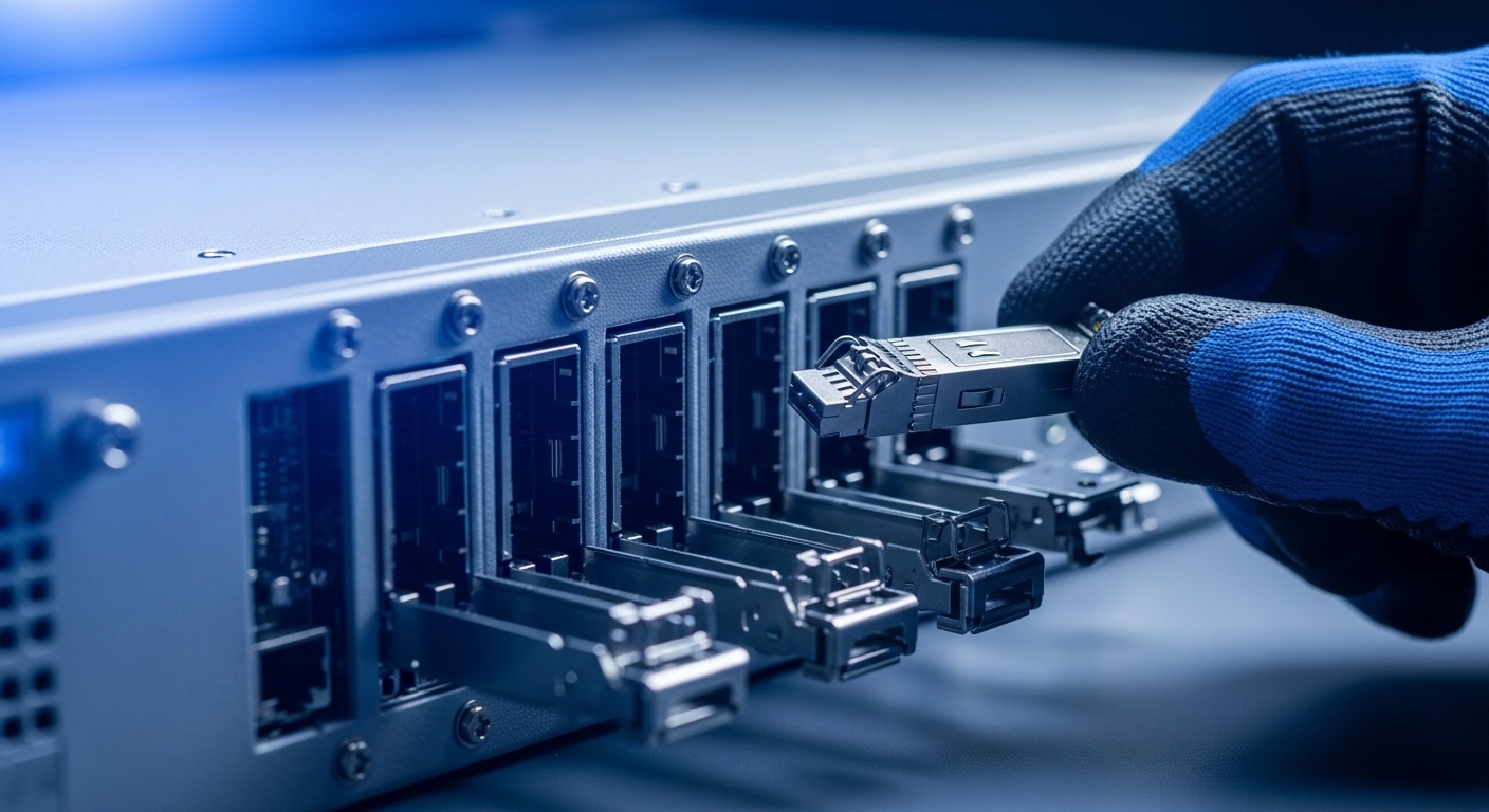 Macro photography of an industrial Ethernet switch with open module bays, a technician holding an SFP fiber transceiver over 