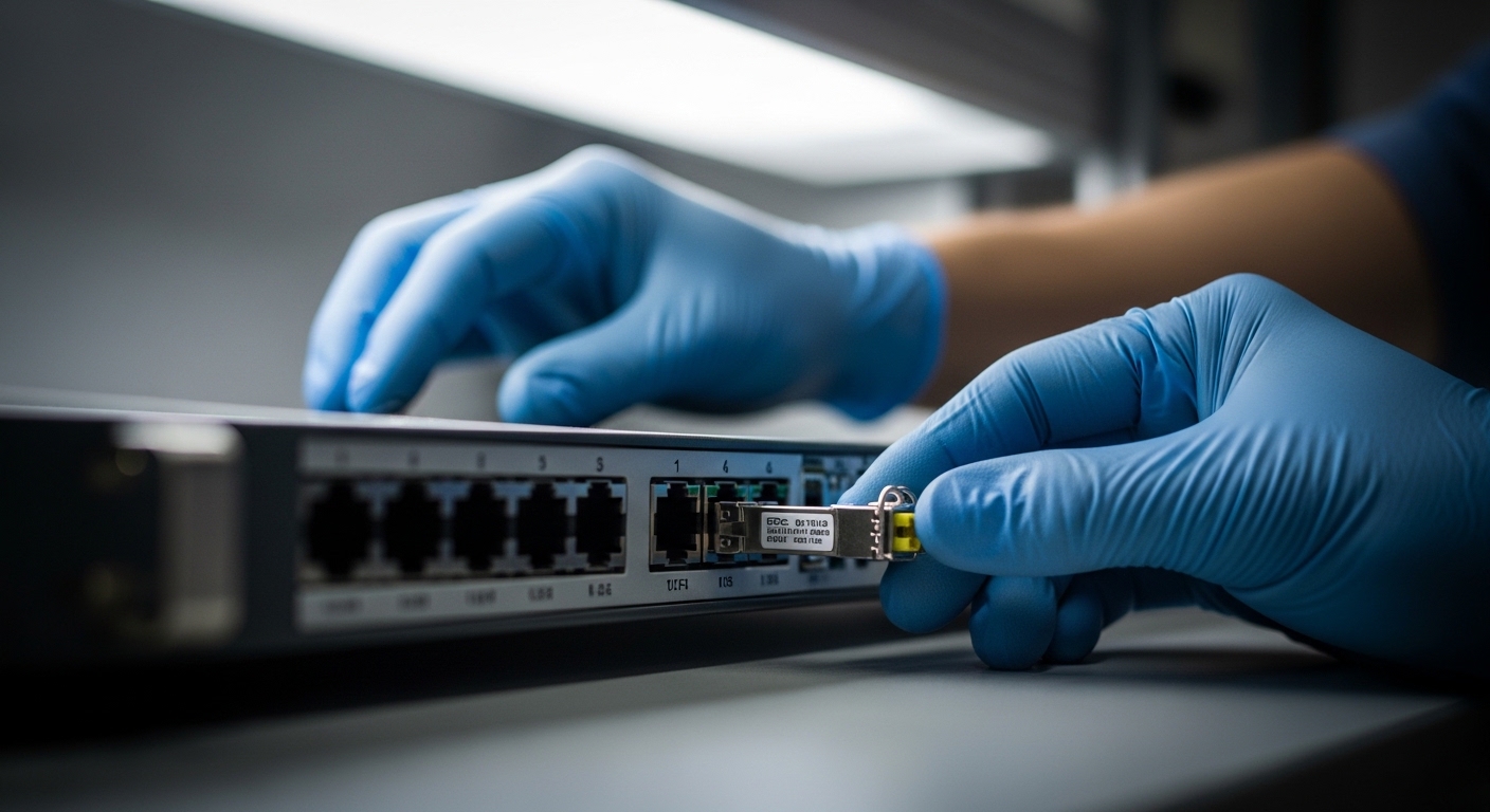Close-up photography inside a router lab bench; a technician’s gloved hands inserting a 10G SFP+ module into a cage on a rack
