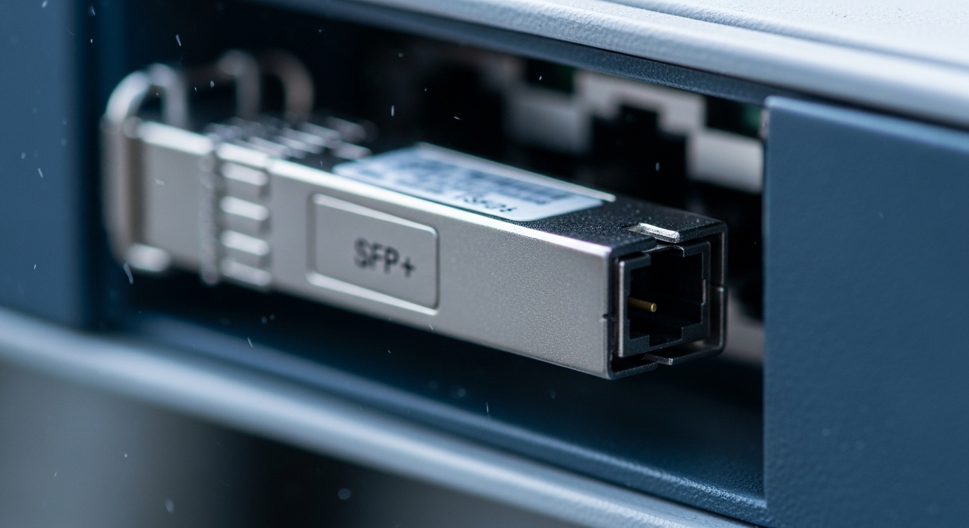 Close-up photography of an SFP+ transceiver module with LC connector seated in a weather-protected tower switch bay, realisti
