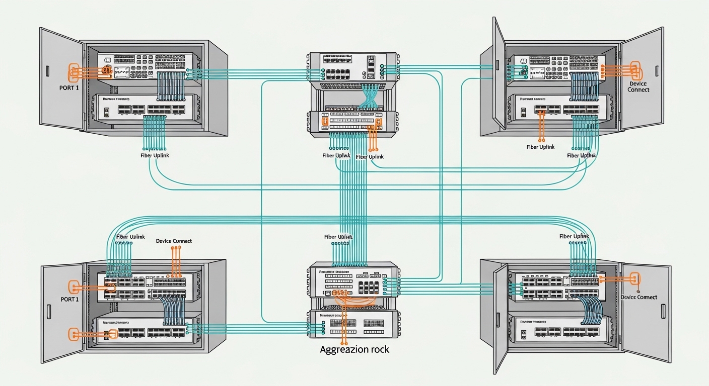 Concept illustration of a factory floor network diagram showing industrial switches in control cabinets connected by fiber ru