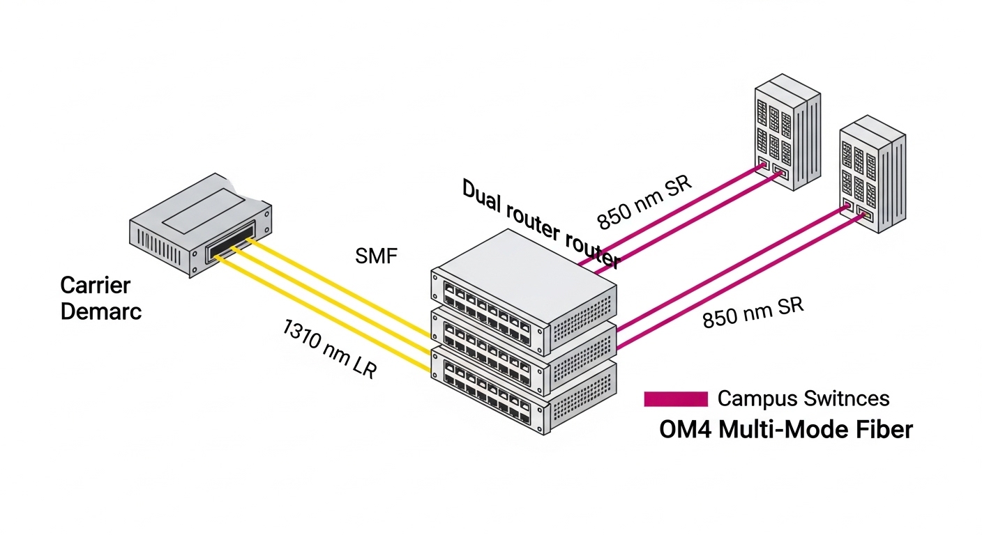 Illustrated network diagram in clean isometric style; a dual-router edge cluster connected to a carrier demarc via SMF trunks