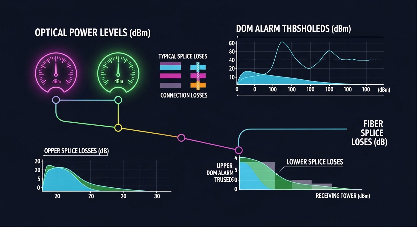 Concept illustration of a tower backhaul link budget diagram, labeled optical power levels, DOM alarm thresholds, and fiber s