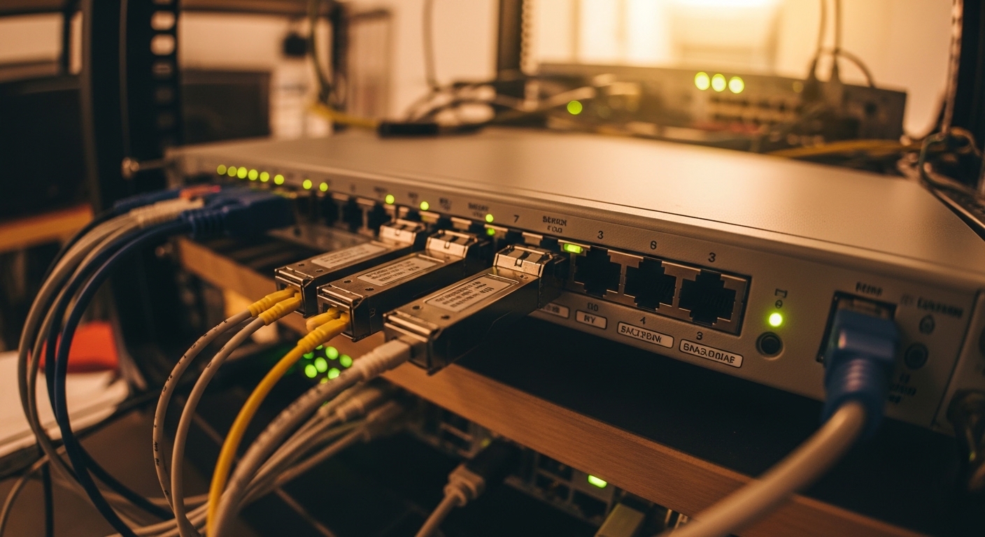 Lifestyle scene featuring router fiber interface, SFP Transceivers in Router WAN Interfaces: Enterprise Edge Deployment, warm