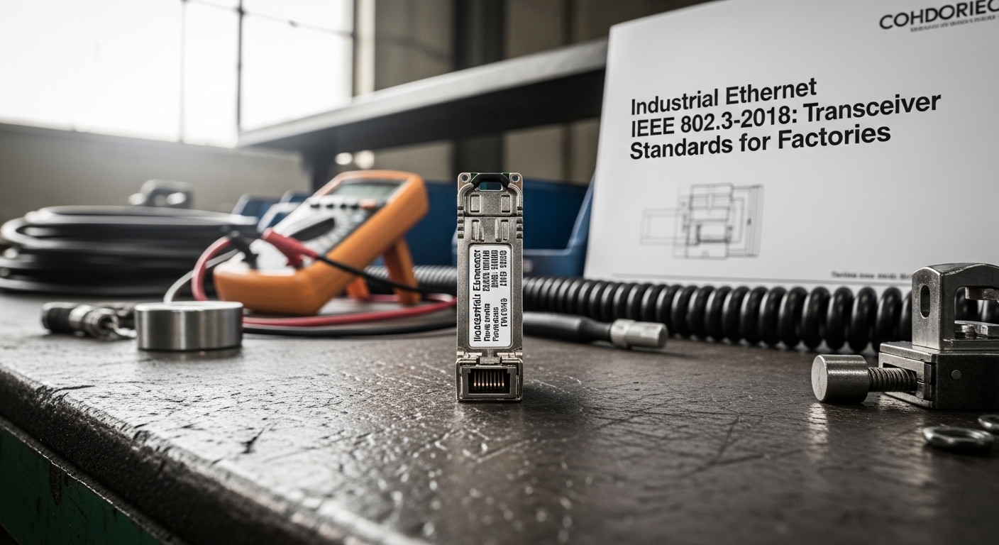 Documentary-style photo of industrial ethernet SFP, Industrial Ethernet IEEE 802.3-2018: Transceiver Standards for Factories,