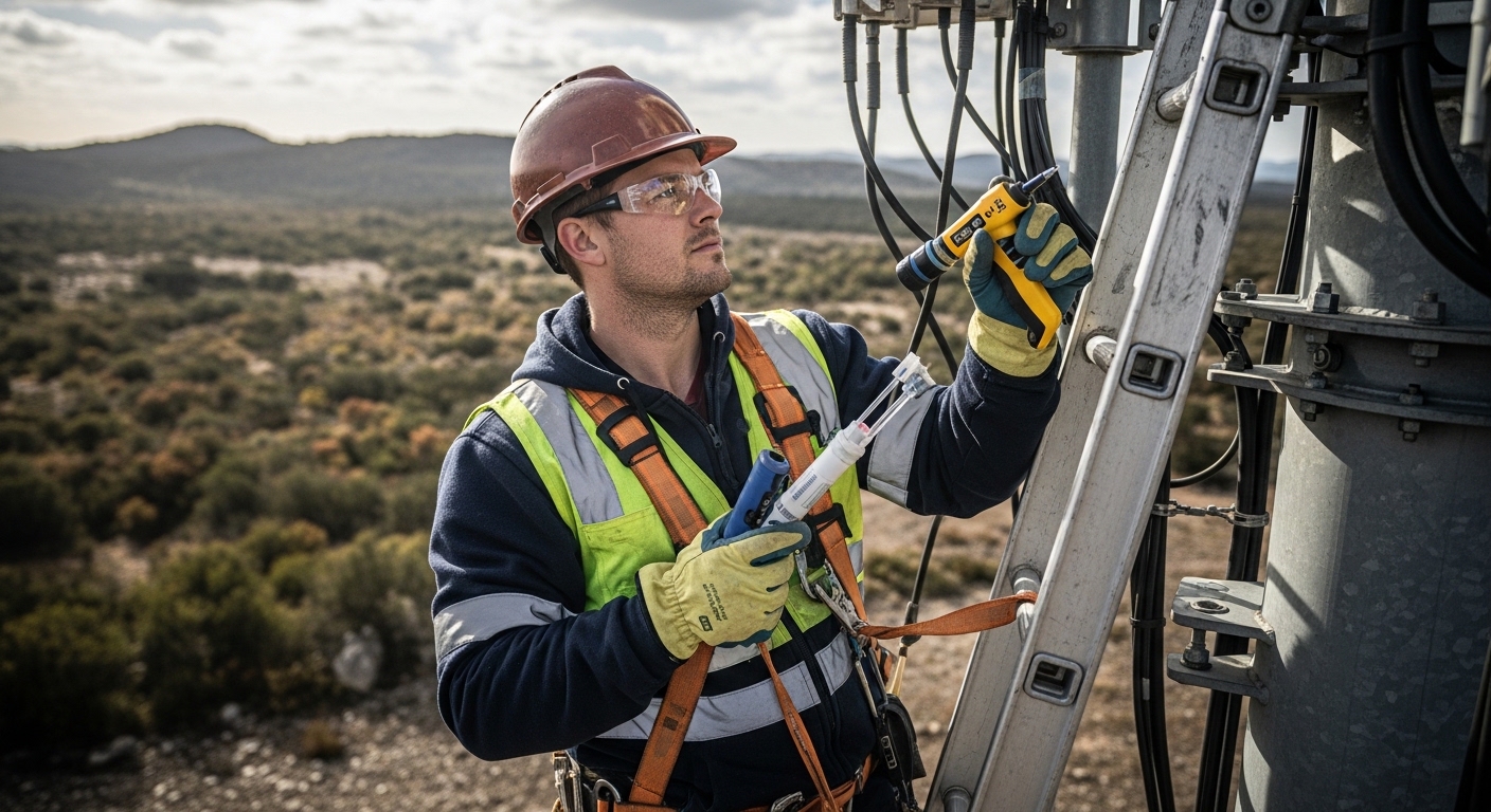 Lifestyle scene of a field engineer on a ladder at a telecom tower, wearing PPE, holding a fiber cleaning kit and an LC conne