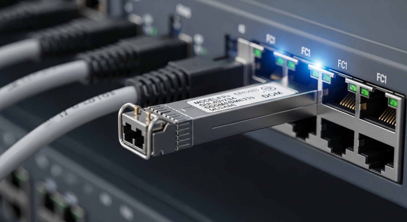 Close-up macro photography of an SFP+ transceiver module inserted into a switch port, showing the metal housing, LC connector