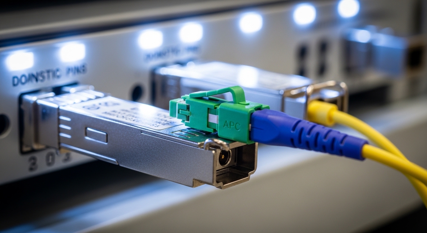 A close-up photography scene of a fiber optic transceiver module seated in a QKD appliance front panel, with the fiber patch 