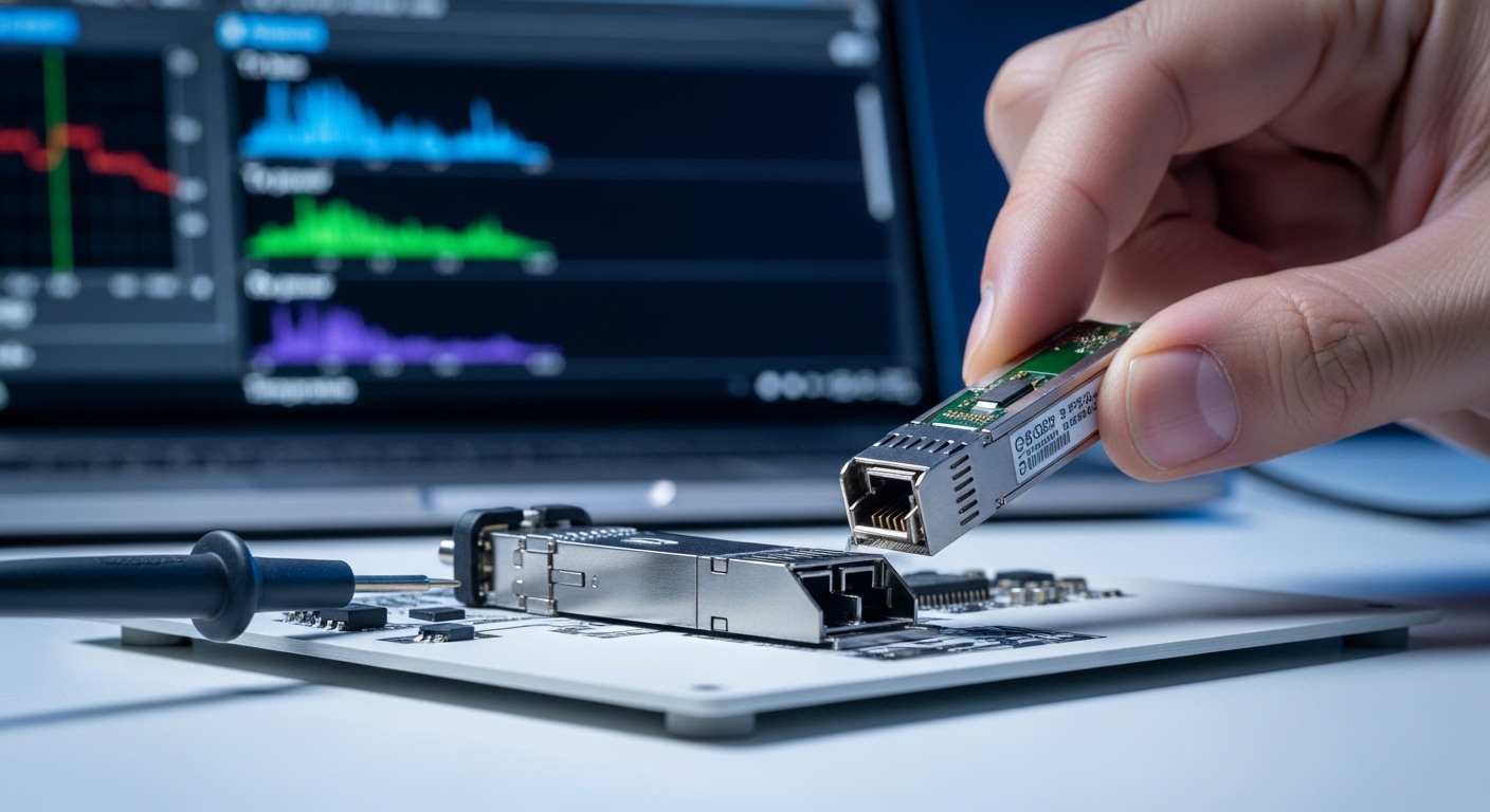Macro photography of a QSFP28 transceiver cage on a white bench, fingers gently holding the module while an oscilloscope prob