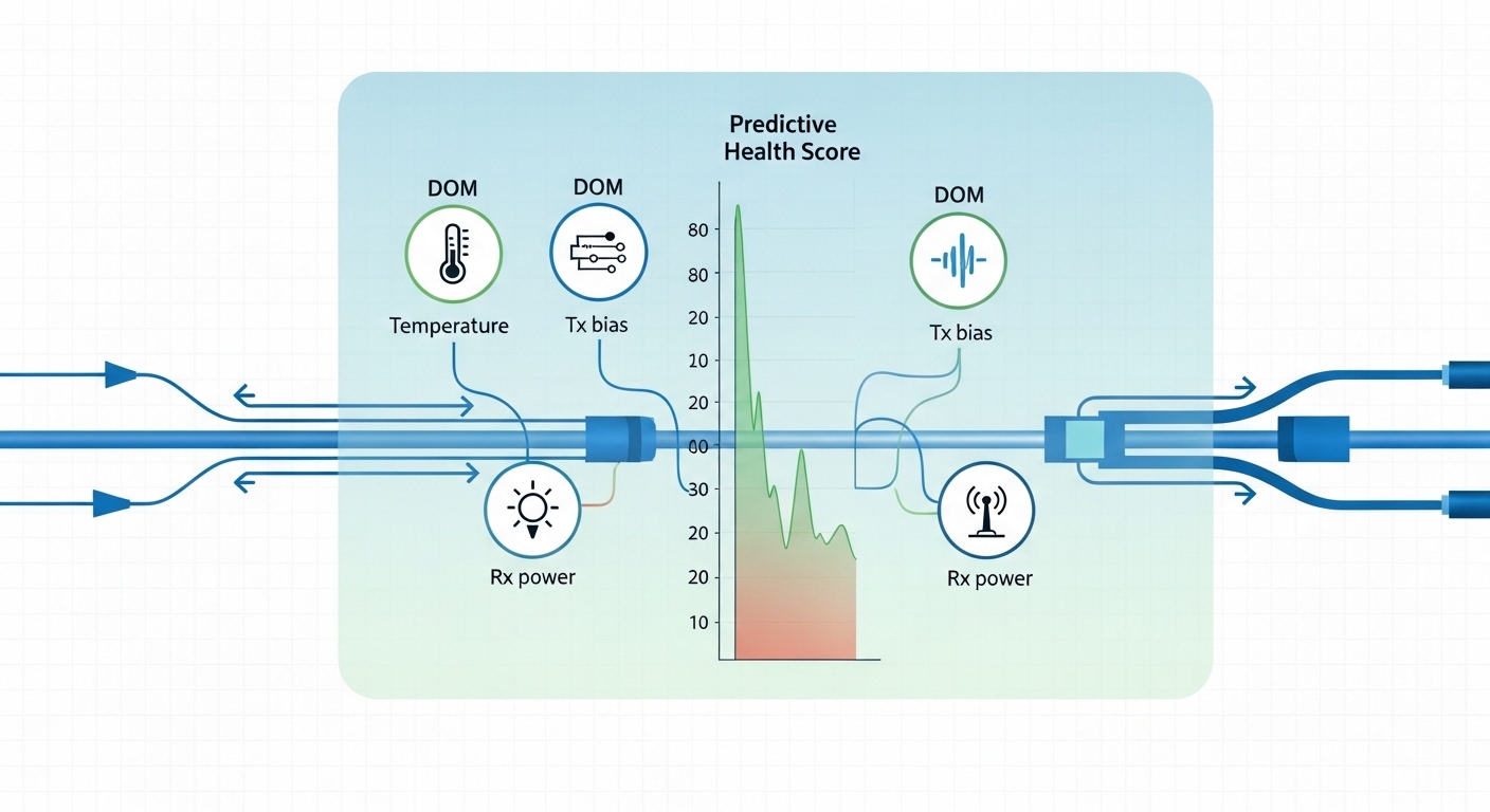 Engineering illustration showing a digital twin dashboard overlay on a fiber link diagram, with icons for DOM sensors (temper