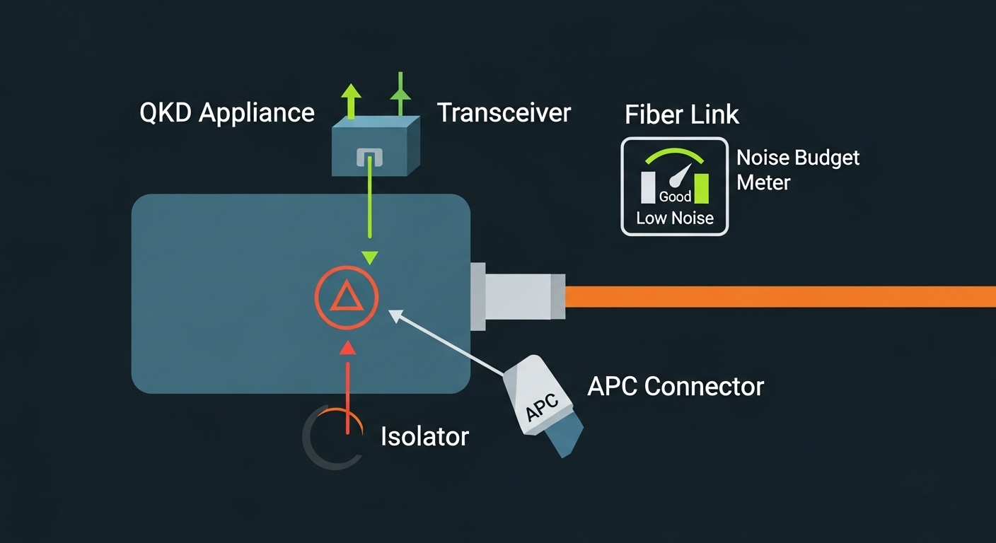 Clean vector illustration showing a QKD appliance block diagram connected to a fiber link, with a transceiver module icon, op