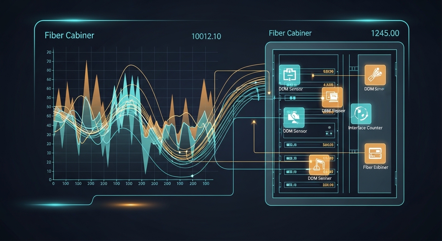 Stylized illustration of a network operations center wall display, with glowing time-series charts connected to a fiber cabin