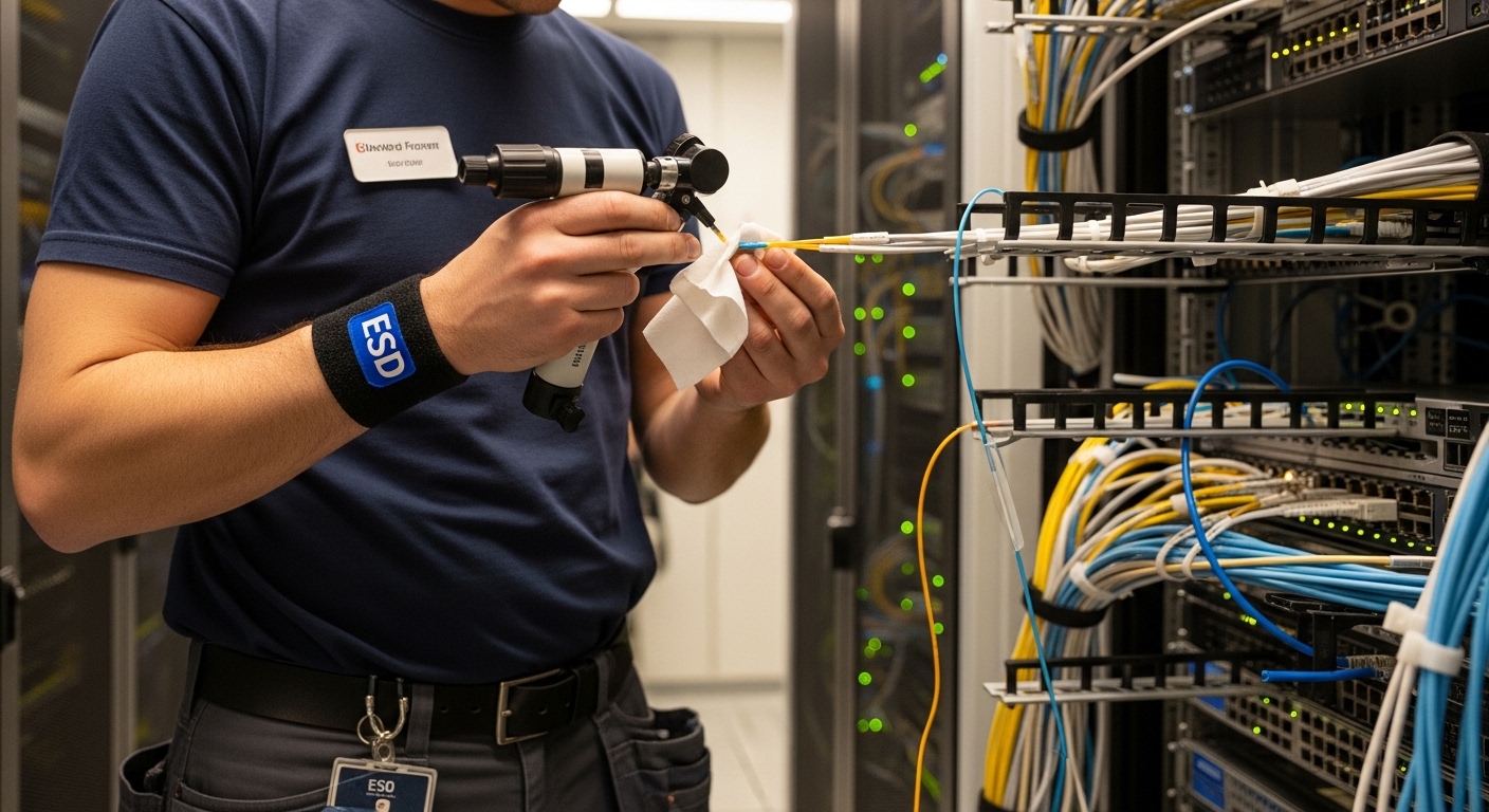 Lifestyle scene in a server room, showing a field technician wearing ESD wrist strap cleaning an LC fiber connector with a li