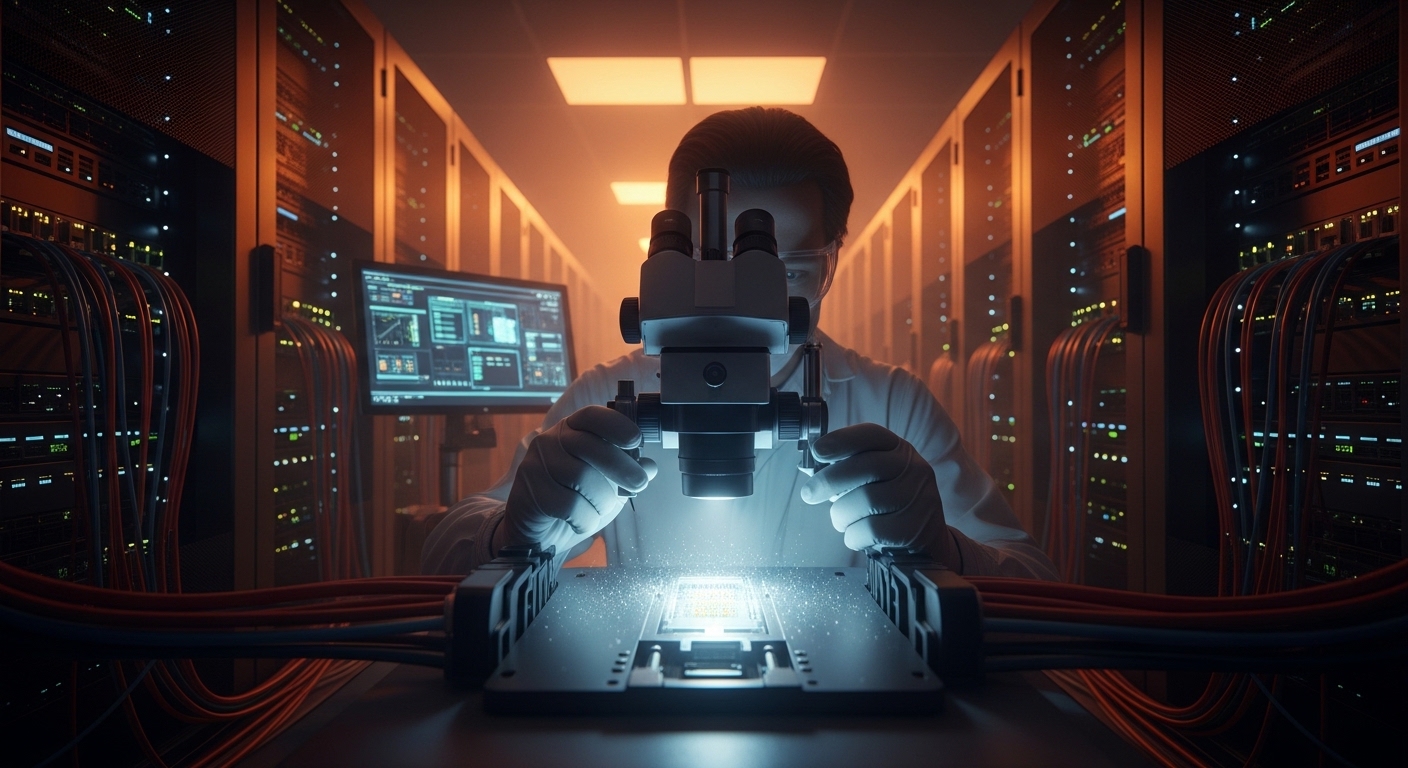 Concept art scene of an engineer in a server room holding a fiber inspection microscope over an APC connector, with glowing b