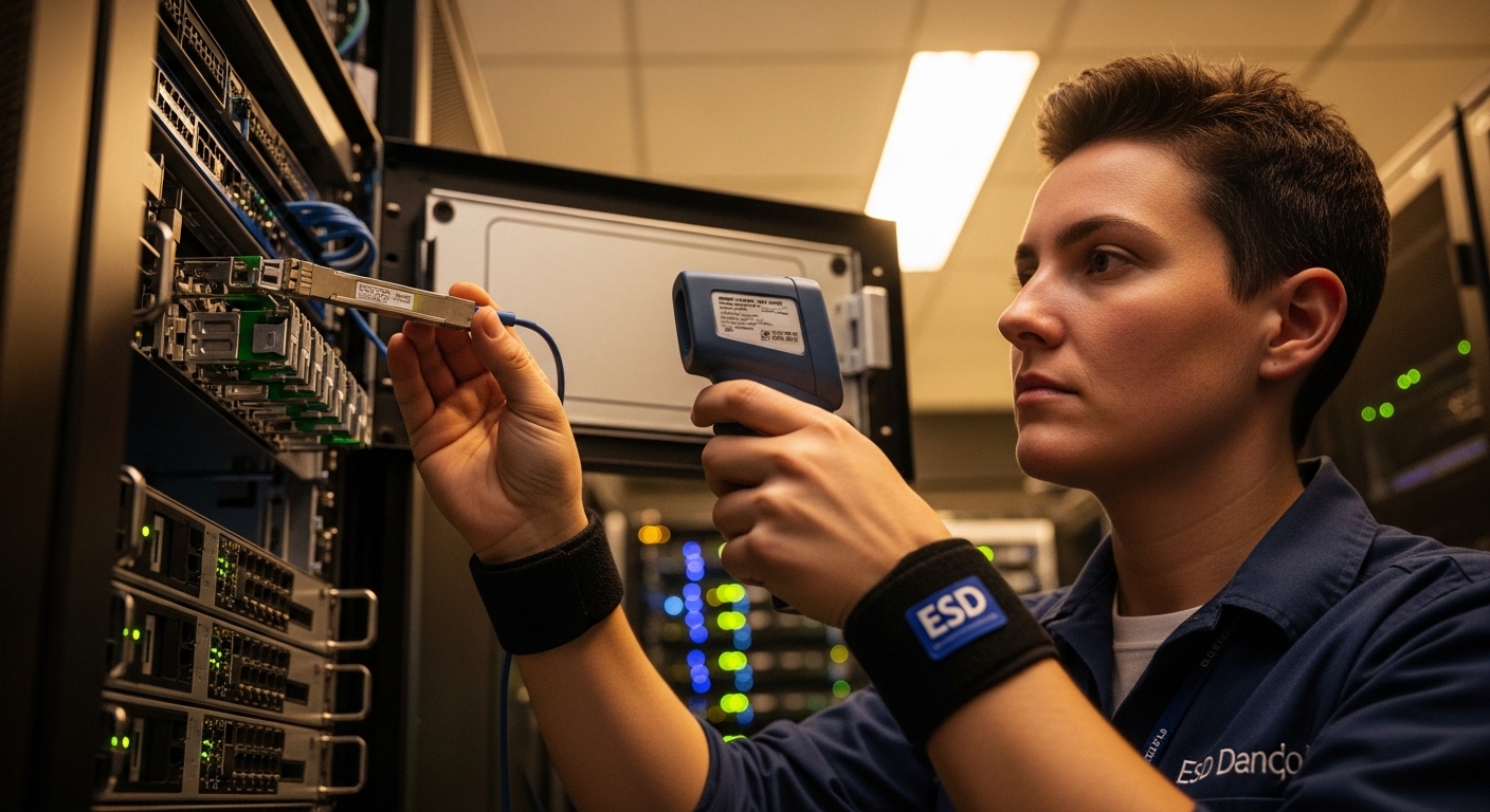 Photorealistic lifestyle scene inside a server room, a field engineer wearing ESD wrist strap holds a QSFP28 transceiver over