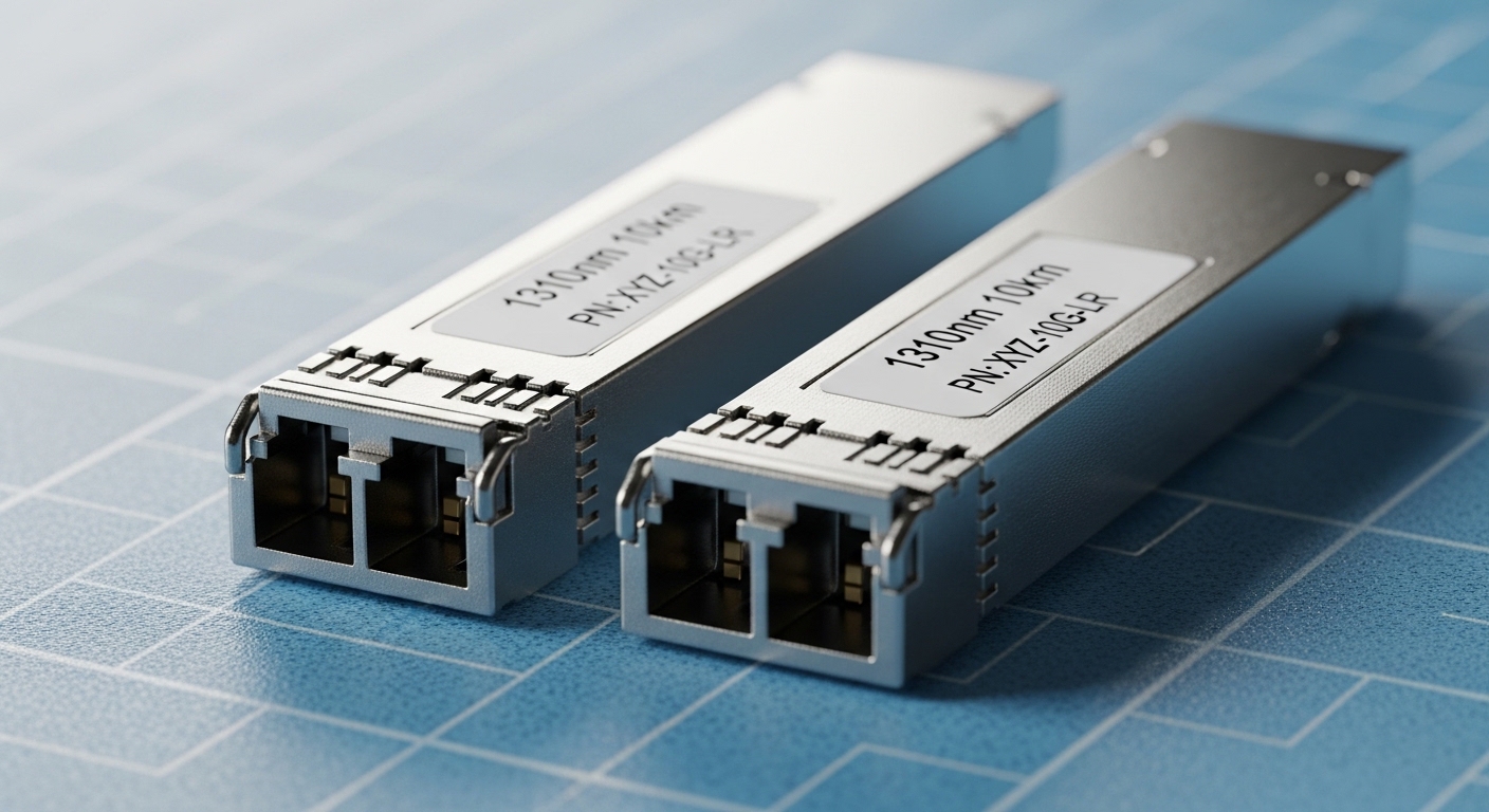 Close-up macro photography of two identical-form-factor pluggable transceivers side-by-side on an anti-static mat; visible la