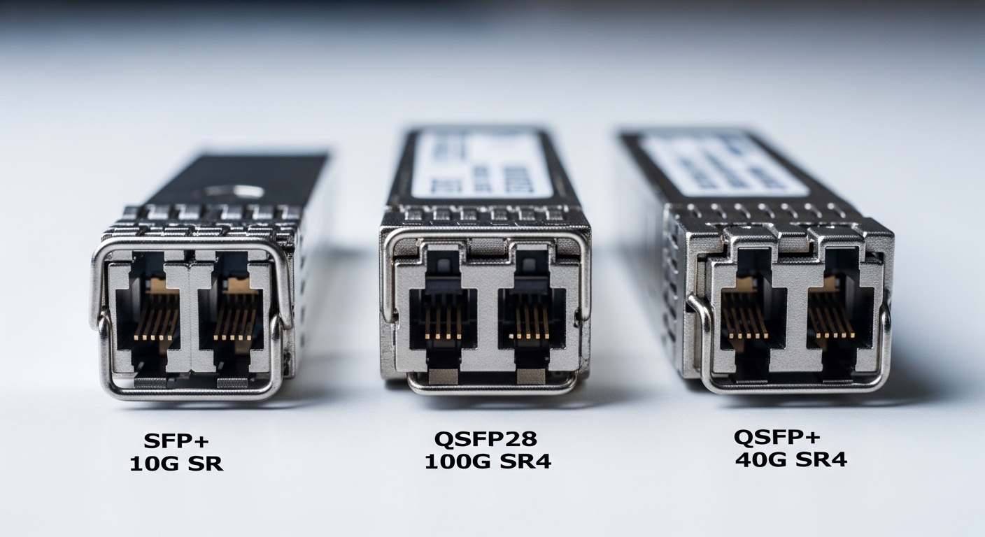 Macro photography of three different optical transceivers (SFP+ 10G SR, QSFP28 100G SR4, and QSFP+ 40G SR4) on a clean white 