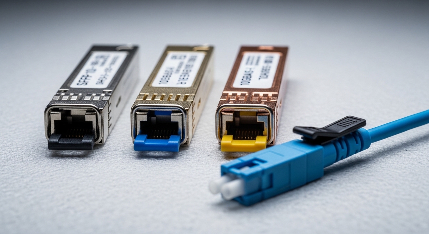 Macro photography of three different SFP+ transceiver modules laid side by side on an anti-static mat, showing label text par