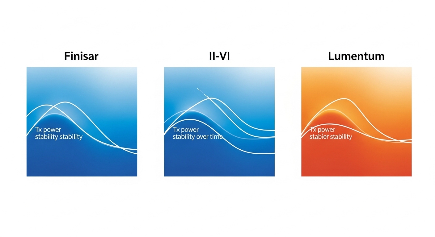 Clean vector illustration comparing three transceiver heatmaps labeled Finisar, II-VI, and Lumentum, with overlay lines for T