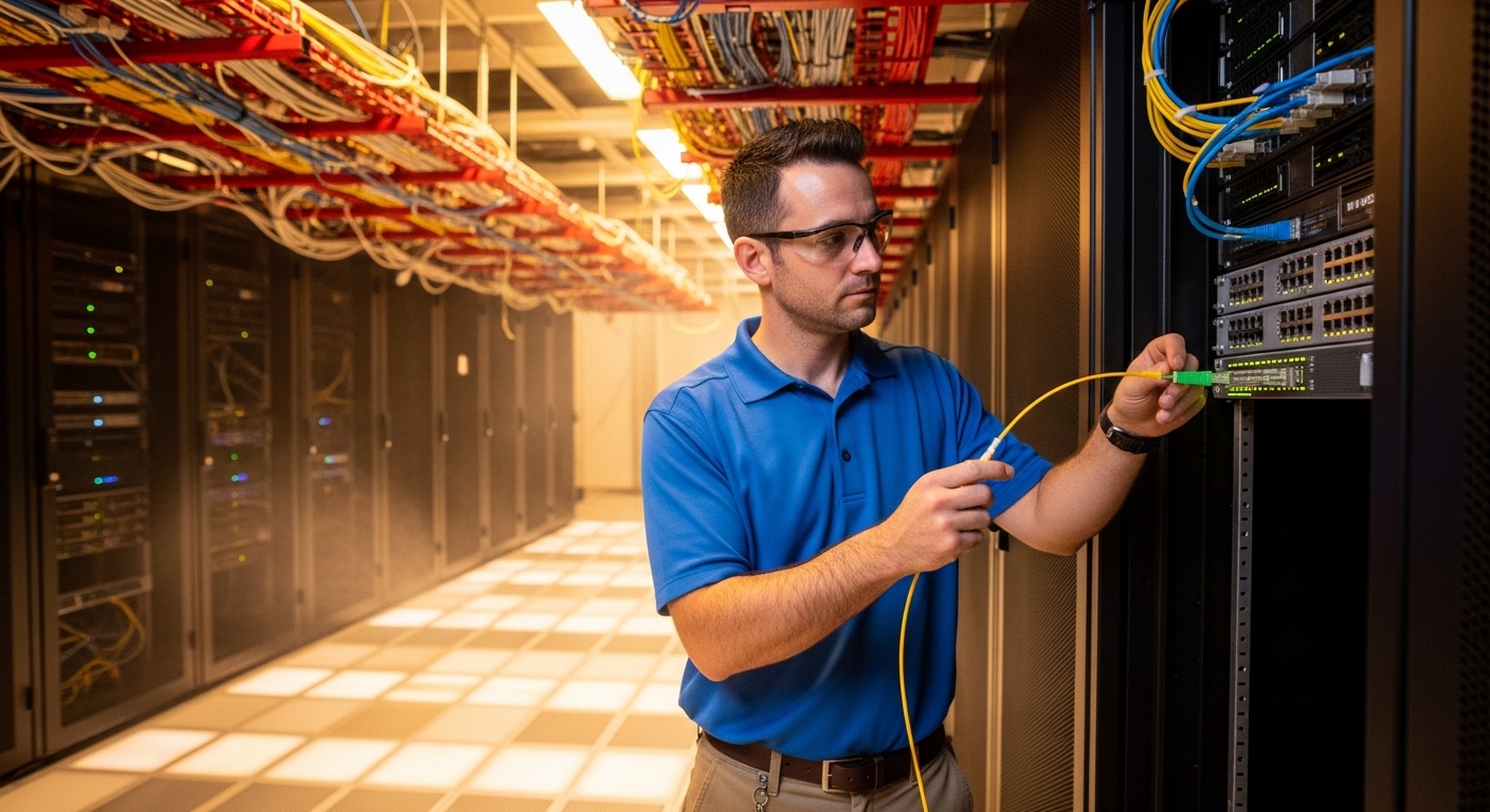 Photo-realistic lifestyle scene inside a server room, an engineer in safety glasses holding a fiber optic patch cord near a T
