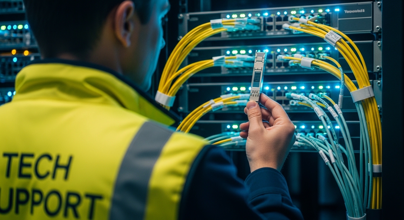 Realistic lifestyle scene in a server room: a field engineer in hi-vis vest holding a QSFP28 transceiver against a glowing ra