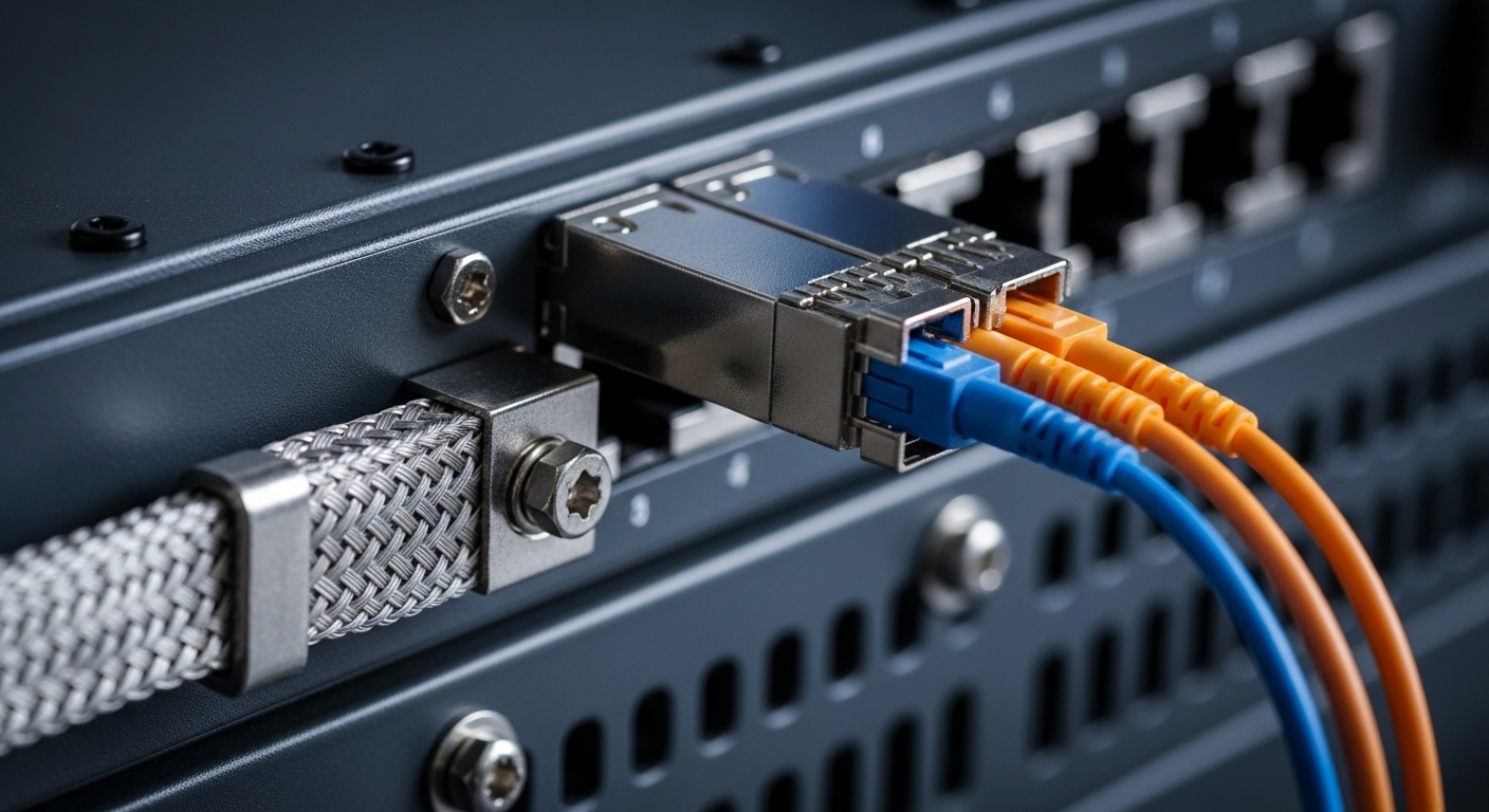 Close-up product photography of a telecom-grade SFP+ transceiver inserted into a ruggedized switch module bay, showing LC fib