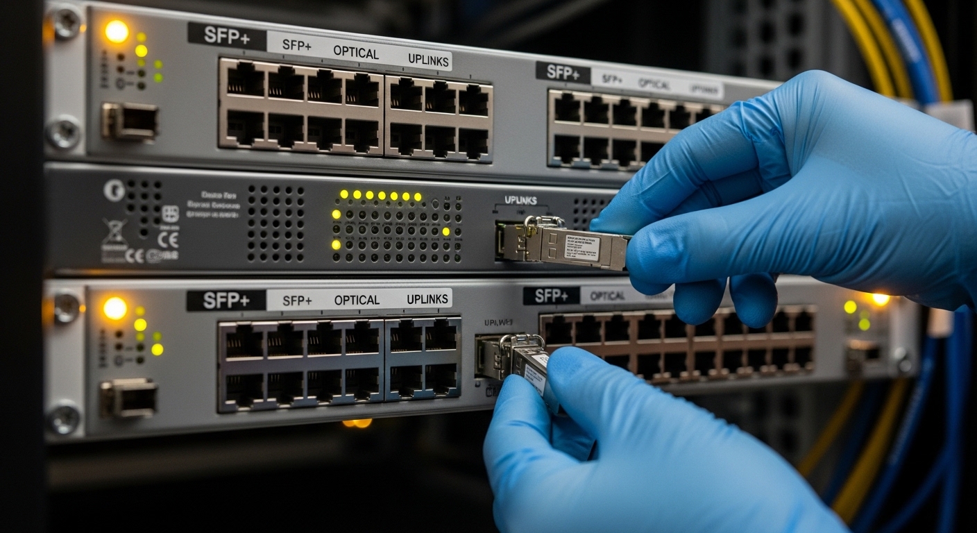 Close-up photography of two enterprise network switch front panels in a server room, showing multiple SFP+ cages labeled for 
