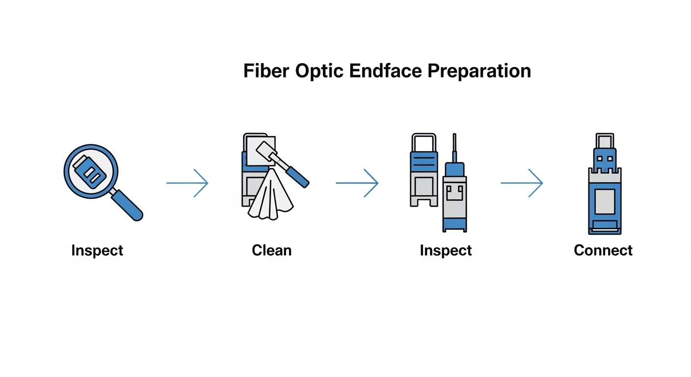 Illustrated workflow diagram with clean-room icons, showing a fiber connector endface passing through steps: inspect, clean, 