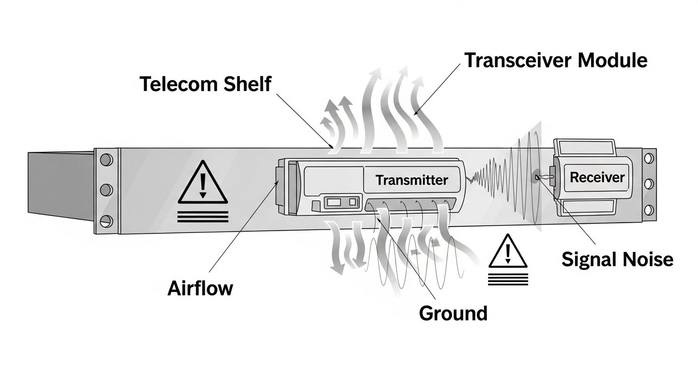 Illustrated concept art showing a simplified telecom shelf with a transceiver module, airflow arrows, grounding symbols, and 