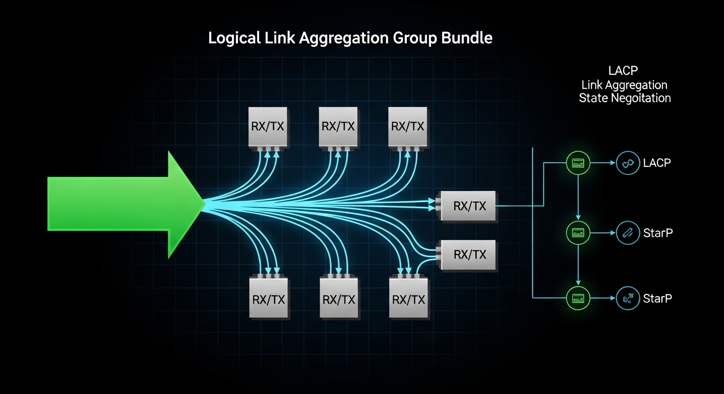 Engineering illustration showing a logical LAG bundle with four fiber links, each labeled RX/TX, with a side panel diagram of