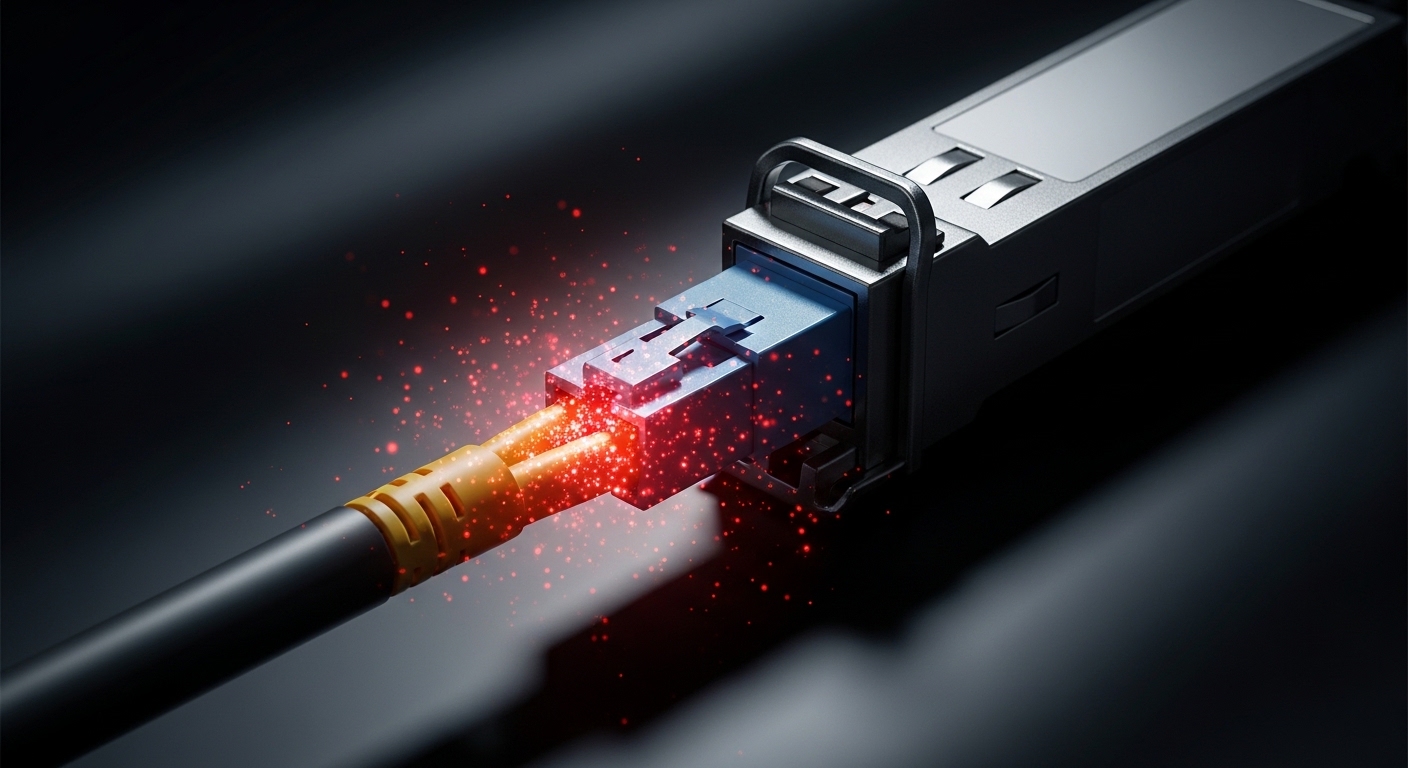 Concept art scene of an SFP module connected to a fiber patch cord, with glowing red particles representing dust on the conne
