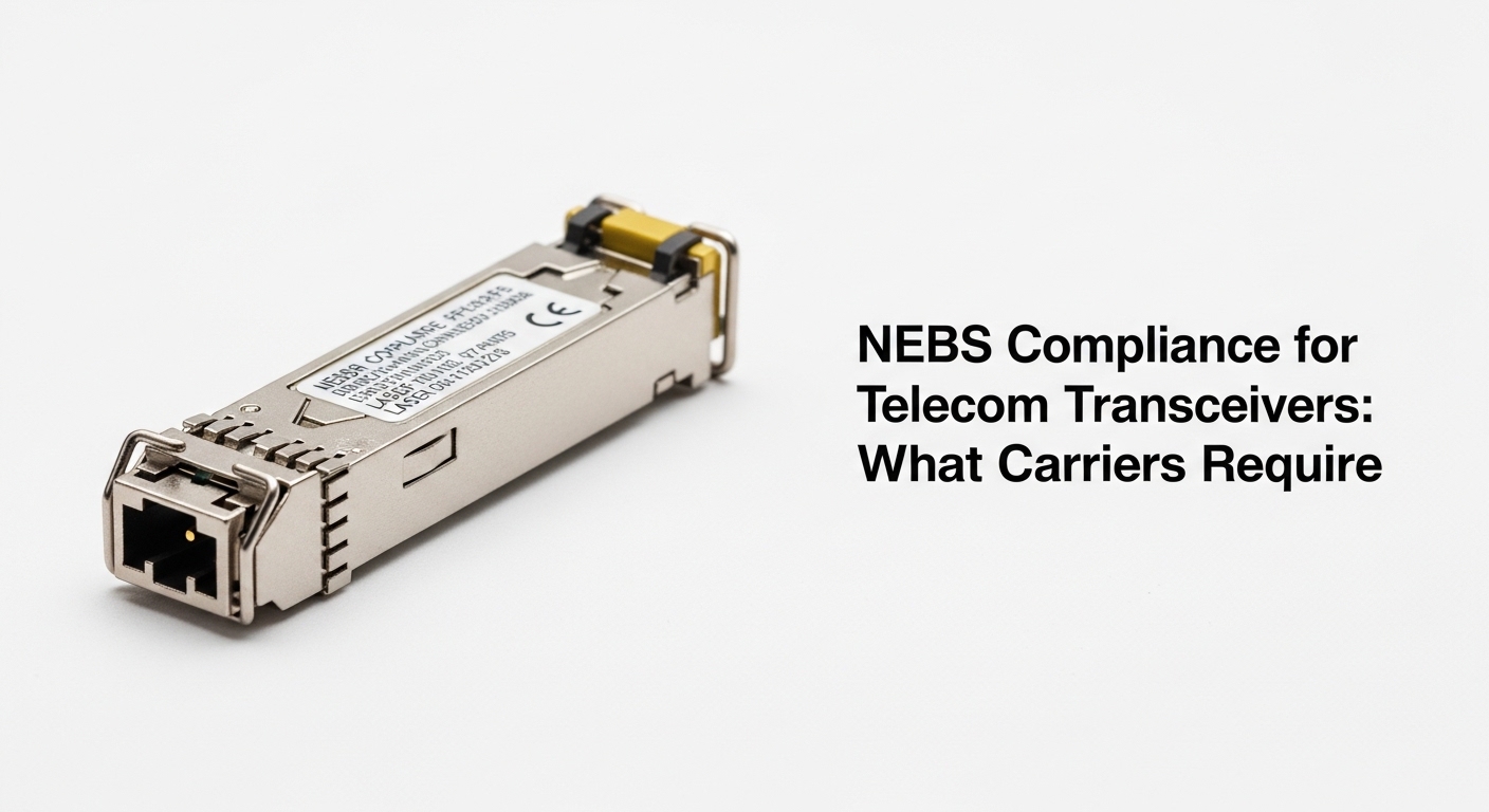 Professional product photography of carrier-grade SFP, NEBS Compliance for Telecom Transceivers: What Carriers Require, clean