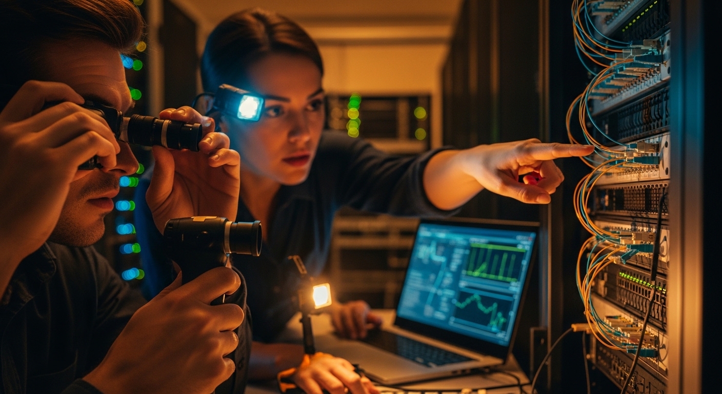 Lifestyle-style photo of a network operations team in a server room, holding a fiber scope and inspecting LC connectors near 