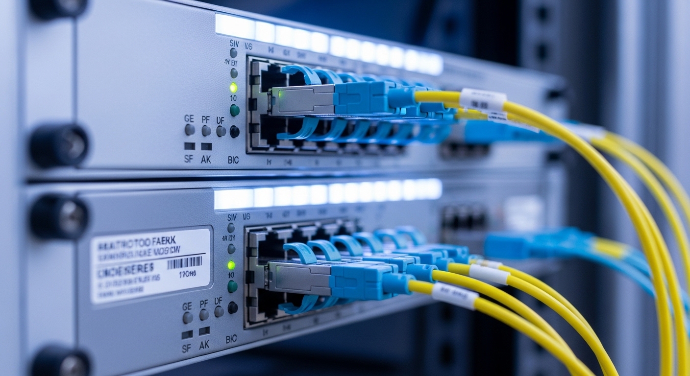 A photorealistic close-up of two stacked enterprise switches in a rack, showing fiber optic cables plugged into front-panel s